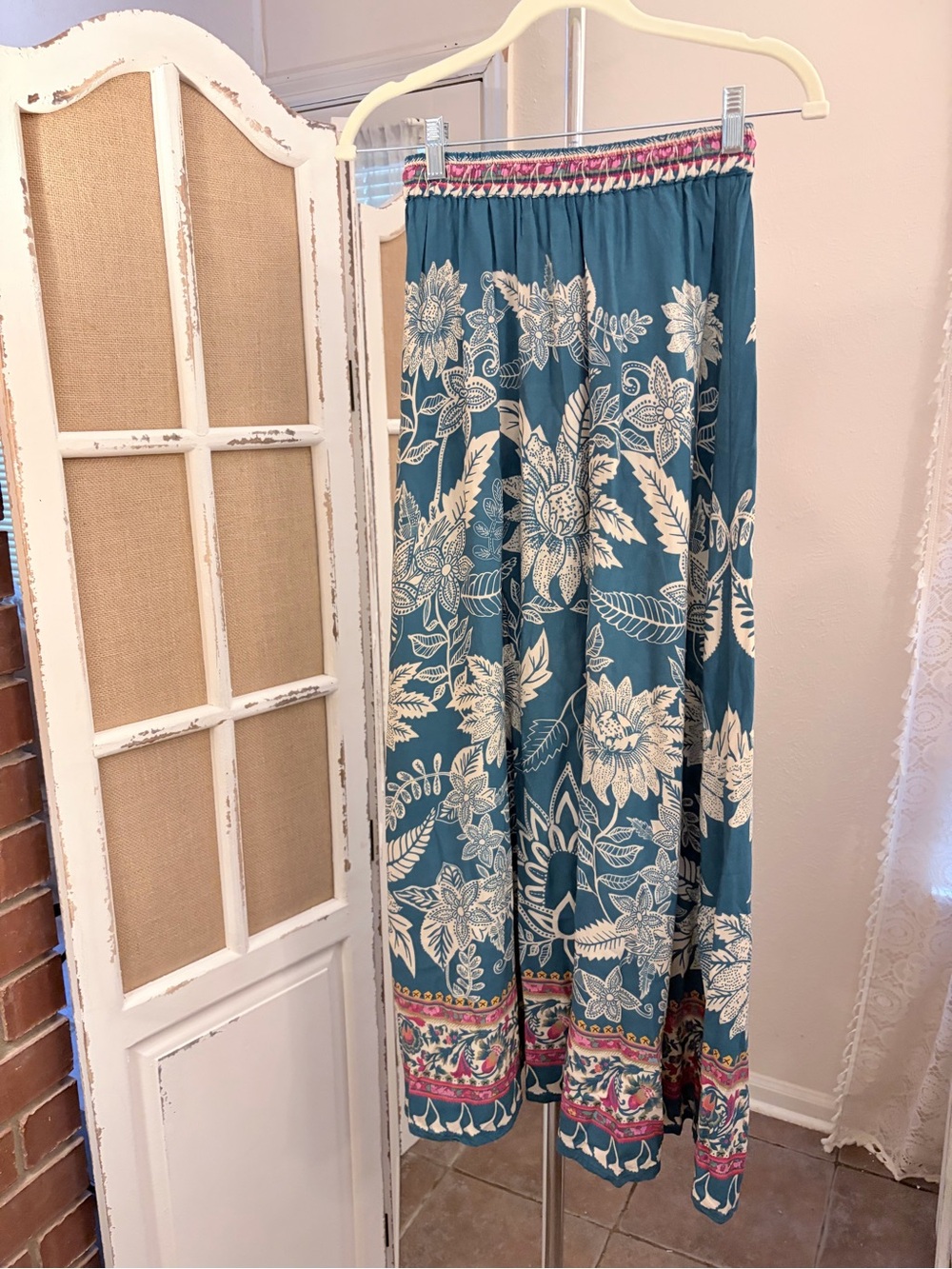 Natural Life Teal Floral Boho Maxi Skirt Tassel Drawstring XS - Picture 7 of 10